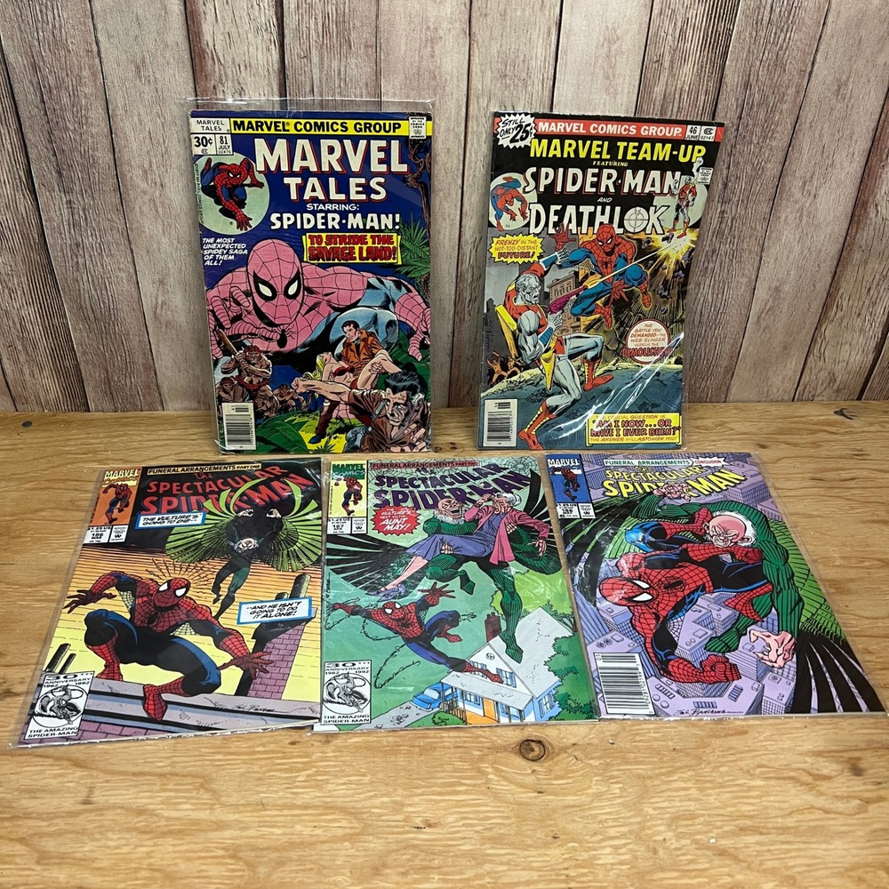 Spider-Man Vintage Comic Book Lot 5 Books Marvel Team Up 46 Marvel 81 SS 186-188